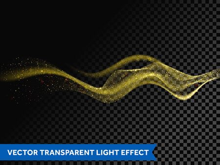 Glitter gold wave line. Vector glittering light flare trace. Magic sparkle swirl trail or smoke mist effect of bokeh light glitter line with sparkling particles on transparent backgroundのイラスト素材