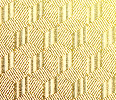Seamless vector pattern gold line texture with abstract hexagon grid 3d cube structure. Striped golden glitter foil geometric honeycomb wallpaper design for wrapping, cover template.のイラスト素材