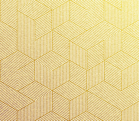 Seamless vector gold glittering pattern line texture with abstract irregular hexagon grid 3d cube structure. Striped geometric golden glitter honeycomb wallpaper design for wrapping, cover template.のイラスト素材
