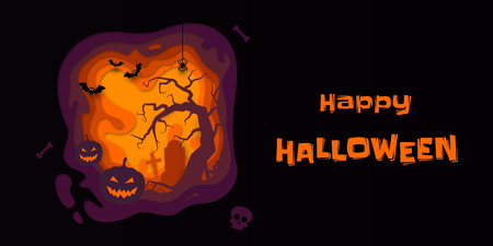 Halloween banner of pumpkin, full moon graveyard and tombstone, zombie skeleton skull and black bats. Vector orange horror night holiday for trick or treat Halloween greeting card paper carvingのイラスト素材