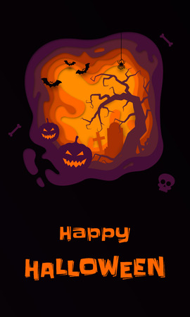 Halloween banner of pumpkin, full moon graveyard tombstone and zombie skeleton. Vector orange horror night holiday design for trick or treat Halloween greeting card paper cut carvingのイラスト素材