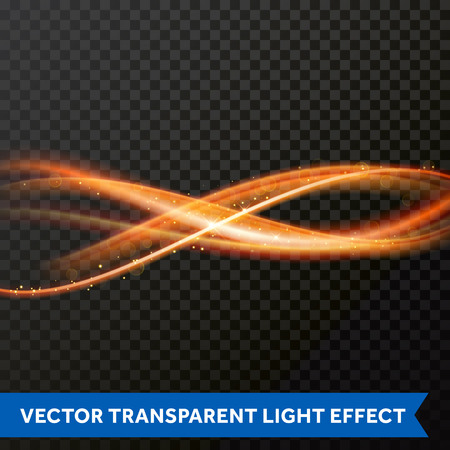 Light effect gold line swirl. Vector glowing light fire flare trace or magic glitter sparkle swirl trail effect. Bokeh light glitter wave line with sparkling particles on transparent backgroundのイラスト素材