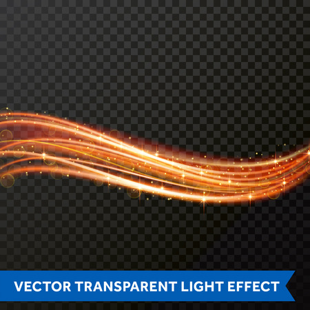 Light line gold swirl effect. Vector glitter light fire flare trace. Magic sparkle swirl trail effect. Bokeh light glitter round wave line with sparkling particles on transparent backgroundのイラスト素材