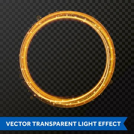 Vector light effect of circle line gold swirl. Glowing round light fire flare trace of glitter magic sparkle swirl trail on transparent background. Bokeh light glitter wave of sparkling particlesのイラスト素材