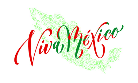 Viva Mexico lettering for Mexico Independence day. Vector modern calligraphy text in red and green national flag color and Mexican map for celebration designのイラスト素材