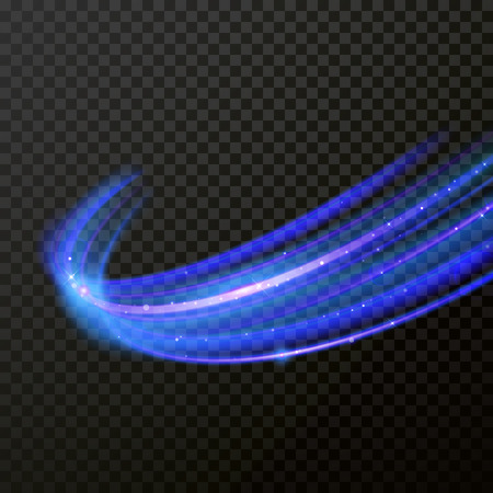 Light effect neon line swirl. Vector glowing light fire flare trace or magic glitter sparkle swirl trail effect on transparent background. Bokeh light glitter round wave line with sparkling particlesのイラスト素材