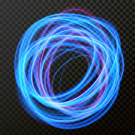 Vector fire light circle trail effect of neon line swirl trace. Glowing flare light or glittering magic sparkle on transparent background. Bokeh light glitter round wave of sparkling particles effectのイラスト素材