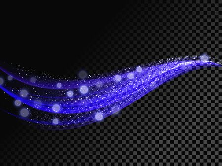 Glitter light wave line. Vector glittering neon blue light flare trace. Magic sparkle swirl trail or smoke mist effect of bokeh light glitter line with sparkling particles on transparent backgroundのイラスト素材