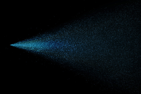 Light particles dispersion of neon blue glitter spray on transparent background. Abstract glittering stardust glow design of vector light dust or glowing magic mist spray with drops in motionのイラスト素材