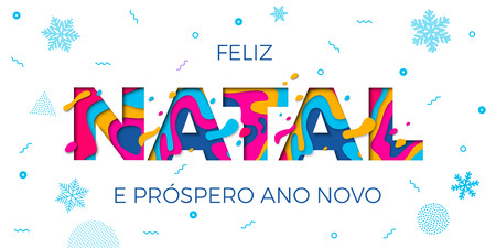 Feliz Natal Merry Christmas Portuguese greeting card, Ano Novo or Happy New Year wish poster. Vector paper cut multi color layers carving and winter holiday snowflakes pattern white backgroundのイラスト素材