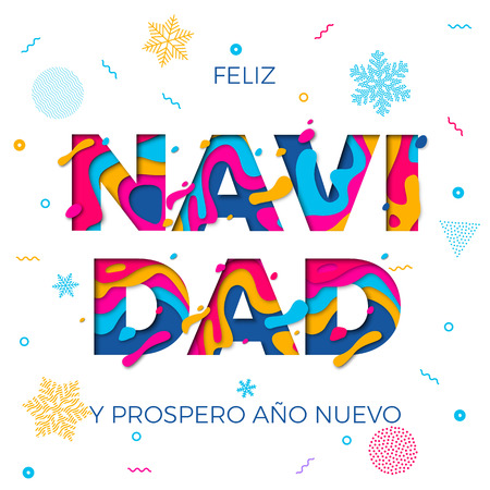 Feliz Navidad Merry Christmas and Prospero Ano Nuevo Happy New Year Spanish greeting card white background. Vector winter holiday paper snowflakes carving pattern multi color text design posterのイラスト素材
