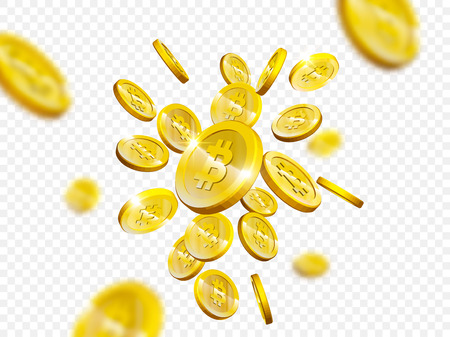 Bitcoin cryptocurrency of internet mining and digital virtual currency miner payment. Cryptography money virtual technology symbol. Vector gold 3D bitcoins cash splash backgroundのイラスト素材