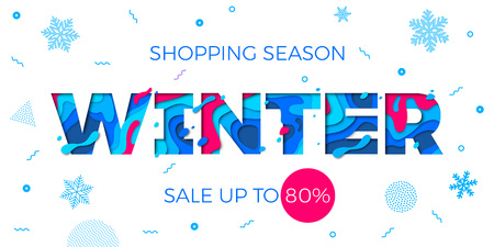 Winter sale shopping discount promo banner for seasonal holiday special offer design template. Vector blue text font for Christmas or New Year store or shop sale vector snowflake pattern backgroundのイラスト素材