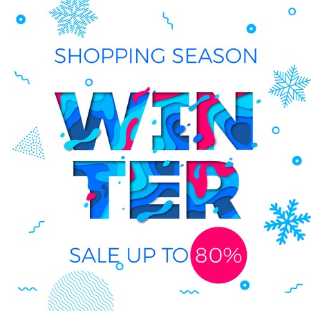 Winter sale shopping discount promo poster or shop special offer banner. Vector blue and red design for Christmas or New Year season store sale save price backgroundのイラスト素材