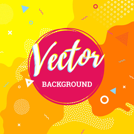 Abstract colorful fun splash banner or cartoon children playground background in childish design element. Vector overlay orange pattern of geometric shape, line and dot in trendy Memphis 80s-90s styleのイラスト素材