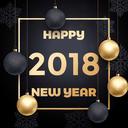 2018 Happy New Year gold glitter greeting card on black premium luxury background with snowflake pattern and Christmas ball decoration. Trendy creative frame design for poster or web bannerのイラスト素材