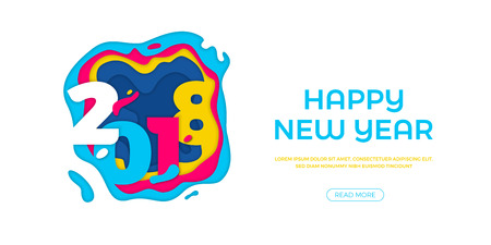 2018 Happy New Year holiday greeting card with color number text paper carving on white background. Vector winter Christmas holiday banner with creative modern trendy designのイラスト素材