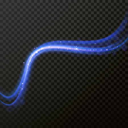 Light line neon swirl effect. Vector glitter light fire flare trace. Magic sparkle swirl trail effect on transparent background. Bokeh blue light glitter round wave line with sparkling particlesのイラスト素材