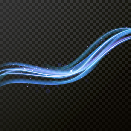 Light line neon swirl effect. Vector glitter light fire flare trace. Bokeh blue light glitter round wave line with sparkling particles. Magic sparkle swirl trail effect on transparent backgroundのイラスト素材