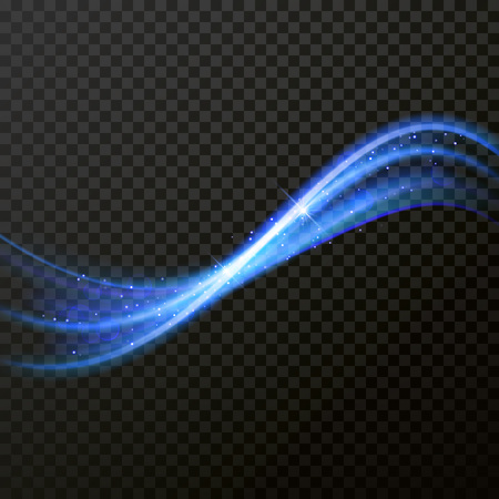 Light line neon swirl effect of magic sparkle trail on transparent background. Vector blue glitter light fire flare trace and bokeh light glitter round wave line with sparkling particlesのイラスト素材