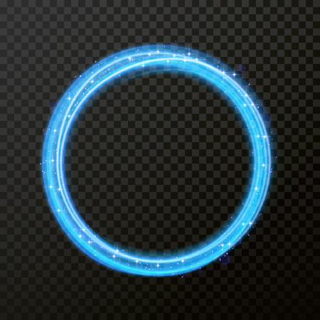 Vector light effect of circle line neon blue swirl. Glowing round light fire flare trace of glitter magic sparkle swirl trail on transparent background. Bokeh light glitter wave of sparkling particlesのイラスト素材