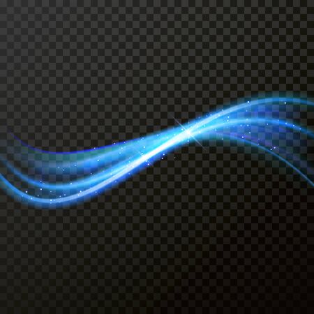 Light line neon swirl effect. Magic sparkle swirl trail effect on transparent background. Bokeh light glitter round blue wave line with sparkling particles. Vector glitter light fire flare traceのイラスト素材