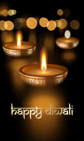 Happy Diwali Hindu festival of lights holiday greeting card template with Indian Diwali Sanskrit lettering text ornament. Vector gold candle light flame with golden blur premium effect backgroundのイラスト素材