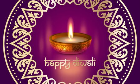 Happy Diwali Indian lights festival holiday traditional greeting card design of candle light flame lamp in golden bowl, Hindu ornament and Diwali Sanskrit text lettering on purple vector backgroundのイラスト素材