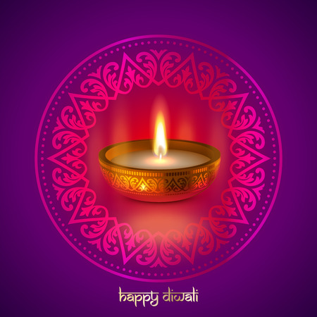 Happy Diwali Indian lights festival holiday traditional greeting card design. Vector Diwali candle light flame lamp in golden bowl, Hindu ornament and Sanskrit text lettering on purple backgroundのイラスト素材