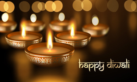 Happy Diwali holiday greeting card template of gold candle light flame in golden premium bowl with Indian Diwali Sanskrit lettering text ornament. Vector background for Hindu lights festivalのイラスト素材