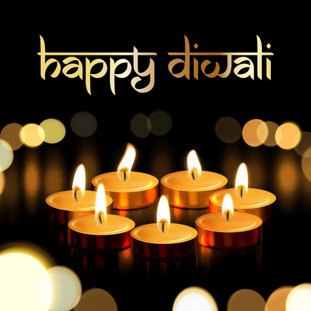 Happy Diwali Indian greeting card for traditional festival of lights holiday Deepavali. Vector gold candle light flame in golden blur premium background and traditional Diwali text lettering ornamentのイラスト素材
