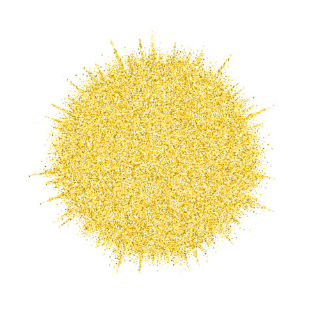 Gold glitter splash or golden glittering particle light of circle splatter on white background. Vector shimmering dust explosion or festive gold sparkling confetti of ball spray shineのイラスト素材