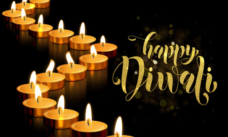 Happy Diwali festival of lights holiday greeting card template of gold candle light flame on golden premium background. Vector traditional Diwali text lettering ornament for Indian Hindu Deepavaliのイラスト素材