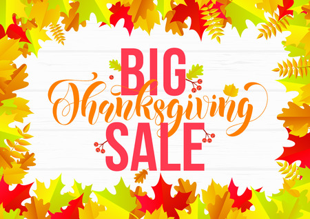 Thanksgiving sale web banner or Big seasonal promo offer discount banner for autumnal shopping background template. Vector maple, oak leaf or rowan berry falling for Thanksgiving sale designのイラスト素材
