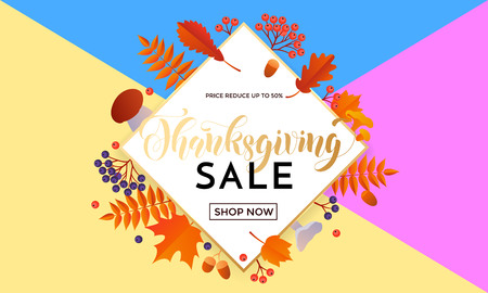 Thanksgiving autumn shop sale poster or store promo discount web banner design template. Vector golden calligraphy, maple leaf for fall shopping or autumnal 50 percent Thanksgiving sale backgroundのイラスト素材