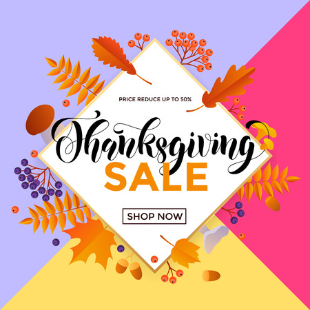 Thanksgiving sale poster or autumn fall season discount promo offer web banner template background for 50 percent price off. Vector autumn maple leaf and calligraphy design for Thanksgiving sale storeのイラスト素材