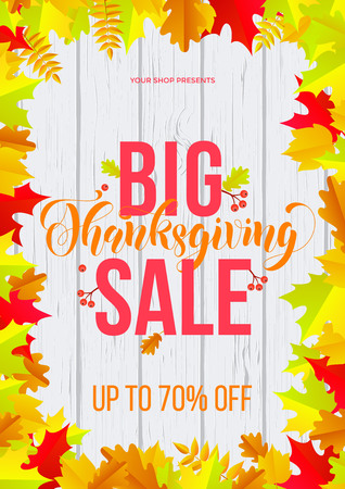 Thanksgiving Big Sale web banner design template of fall shop promo poster for autumnal shopping season. Vector calligraphy design for Thanksgiving sale 70 percent store discount on wood backgroundのイラスト素材