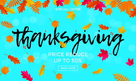 Thanksgiving sale calligraphy text poster or autumn promo 50 percent discount web banner for autumnal shopping background template. Vector maple, oak or rowan leaf falling for Thanksgiving sale designのイラスト素材