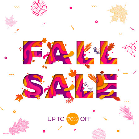 Fall sale or autumn season discount promo poster and shop web banner template. Vector autumnal 70 percent store sale design of autumn maple falling leaf pattern background and papercut color text fontのイラスト素材