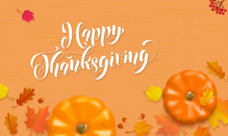Happy Thanksgiving greeting design template of fall pumpkin harvest and falling autumn leaf of maple and oak. Vector Thanksgiving pumpkin orange background for saleのイラスト素材