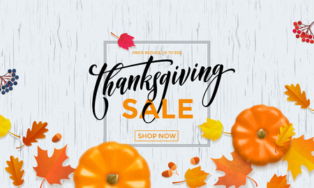 Thanksgiving sale shop poster or autumnal fall shopping promo web banner template of pumpkin, autumn maple or oak leaf. Vector calligraphy design for Thanksgiving sale 50 percent discount storeのイラスト素材