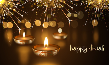 Happy Diwali Indian Deepavali Hindu festival of lights holiday greeting card template. Vector gold candle light flame in golden blur premium background and traditional Diwali text lettering ornamentのイラスト素材