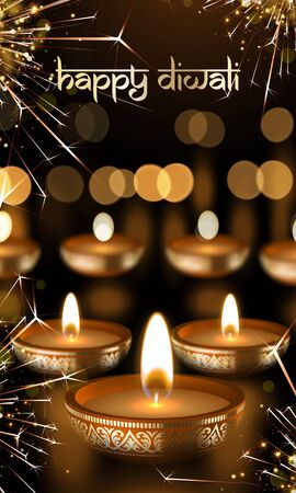 Happy Diwali Indian festival of lights holiday greeting card template. Vector gold candle light flame on golden premium background for traditional Diwali Hindu Deepavali text lettering ornamentのイラスト素材