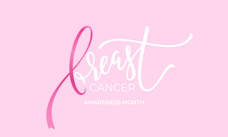 Breast cancer awareness month lettering emblem on pink background. Vector pink ribbon shaped in breast text lettering.のイラスト素材