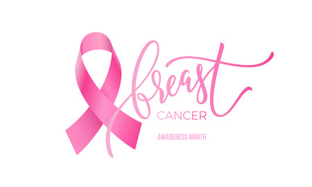 Breast cancer awareness month symbol emblem with vector pink ribbon sign on white background.のイラスト素材