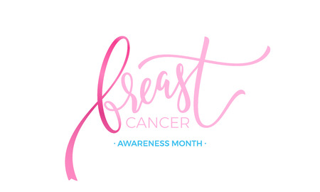 Breast cancer awareness month lettering emblem with pink ribbon on white backgroundのイラスト素材