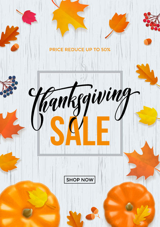 Thanksgiving sale web banner or Big seasonal promo offer discount poster for autumnal shopping background template. Vector pumpkin harvest maple, oak leaf or rowan berry for Thanksgiving sale designのイラスト素材