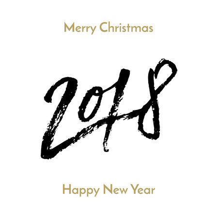 Merry Christmas and Happy New Year 2018 greeting card calligraphy hand drawn vector font lettering on white background. Christmas winter holiday or New Year party calligraphic paint brush text designのイラスト素材