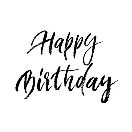 Happy Birthday greeting card calligraphy hand drawn vector paint brush font lettering on white background. Birthday party text modern calligraphic design for festive gift celebrationのイラスト素材