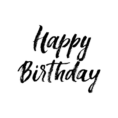 Happy Birthday calligraphy greeting card hand drawn vector font lettering on white background. Paint brush text of modern calligraphic design for Birthday party festive gift celebrationのイラスト素材